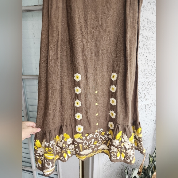 Anthropologie Lithe Linen Brown Floral Embroidered Dress - Picture 4 of 9